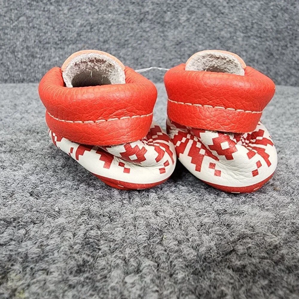 Freshly Picked Baby City Moccasins size 1 Red and white Fringe Leather Christmas